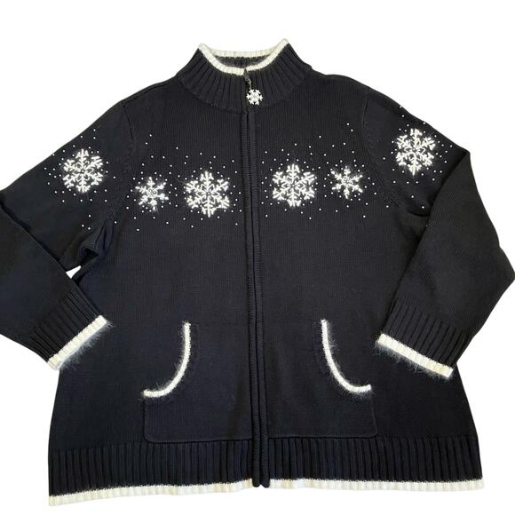Quacker Factory Sz 1X Holiday Cardigan w Embroidered & Beaded Snowflakes Flaws - Picture 3 of 16